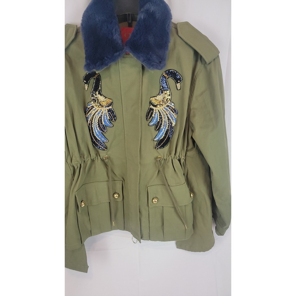 Ciao Milano Anorak Lara  Peacock Embellished Green Twill Camo Puffer S Jacket